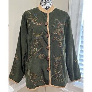 White Stag VTG XL Green Corduroy Embroidered Floral Mandarin Collar Jacket
